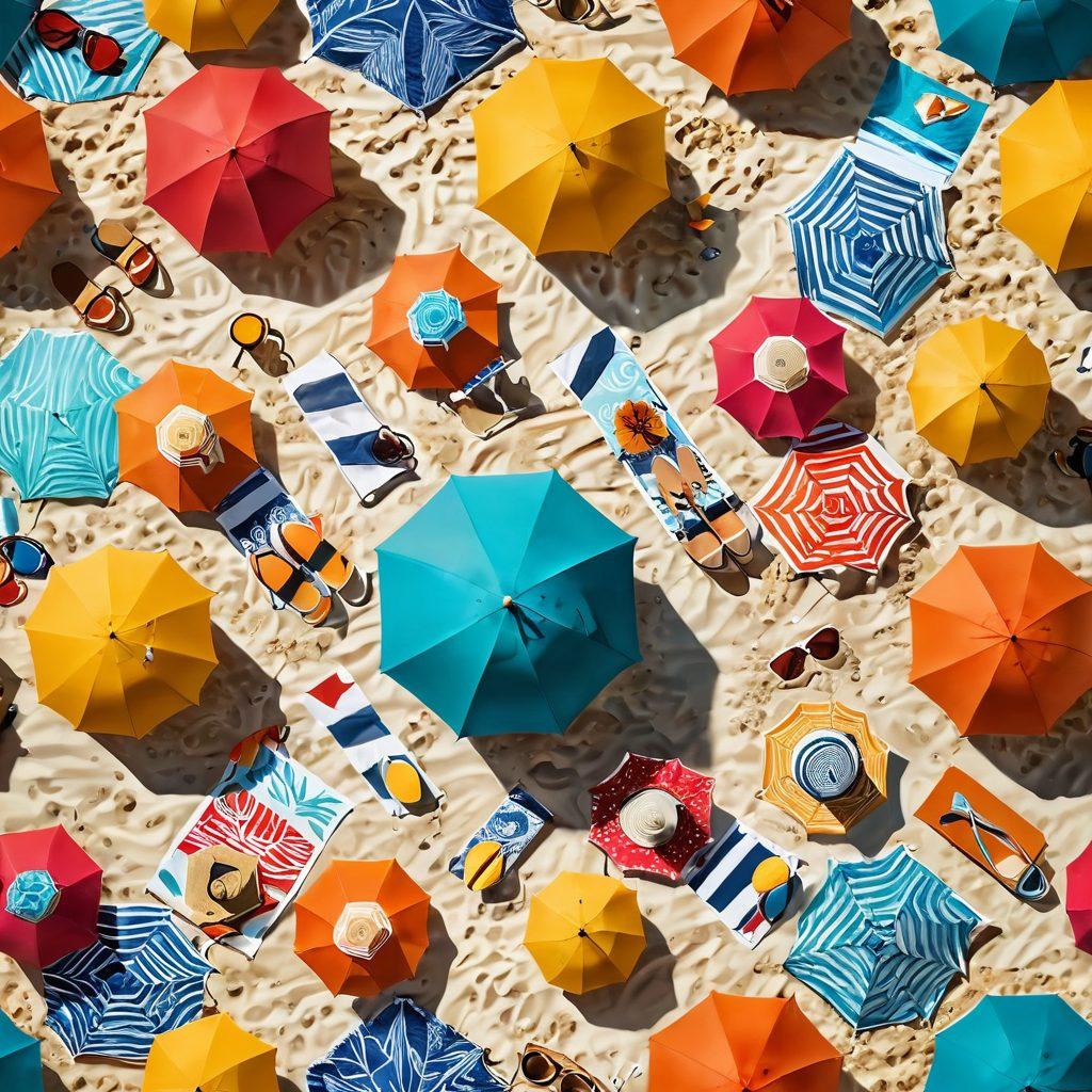 A stylish beach scene showcasing a diverse group of confident individuals in trendy, budget-friendly bikinis. Display an array of vibrant colors and patterns, with a chic beach umbrella and sun hats scattered around, embodying the sense of financial freedom. Incorporate elements of relaxation and enjoyment, like a beach ball and a book on personal finance beside a sun lounger. The mood is cheerful and inviting. super-realistic. vibrant colors. sunny background.